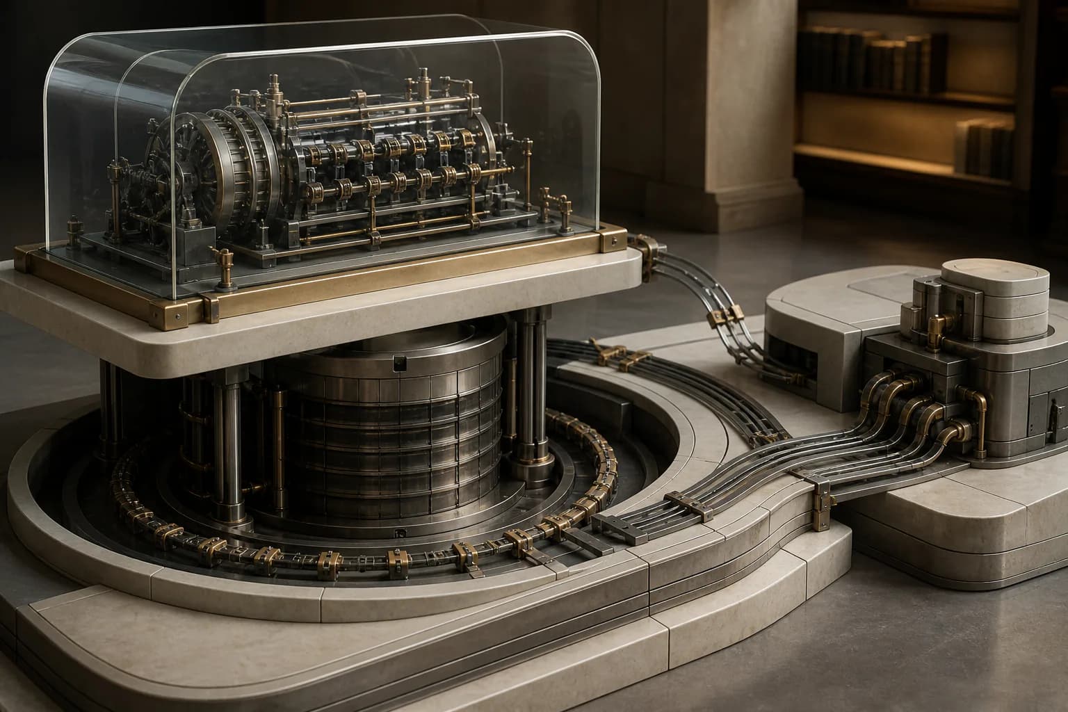 An old generator rests beneath an archive hood while its state foundation continues into a new control layer.