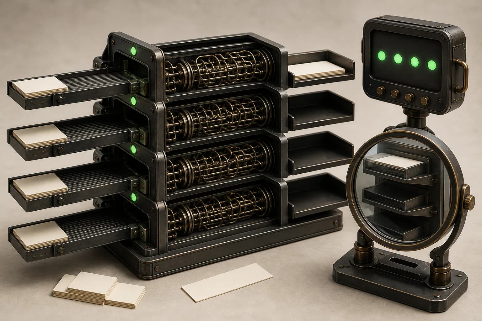 Four monitored AI request channels show success while an inspection lens reveals three empty output trays.