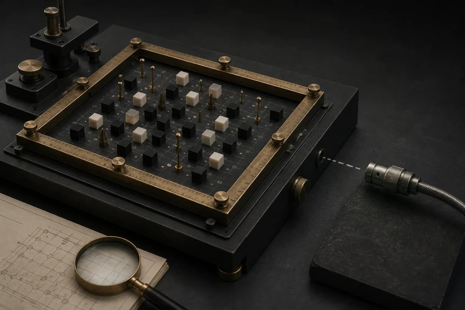 A brass measuring frame encloses a precise field of test pieces while an input cable stops outside it.