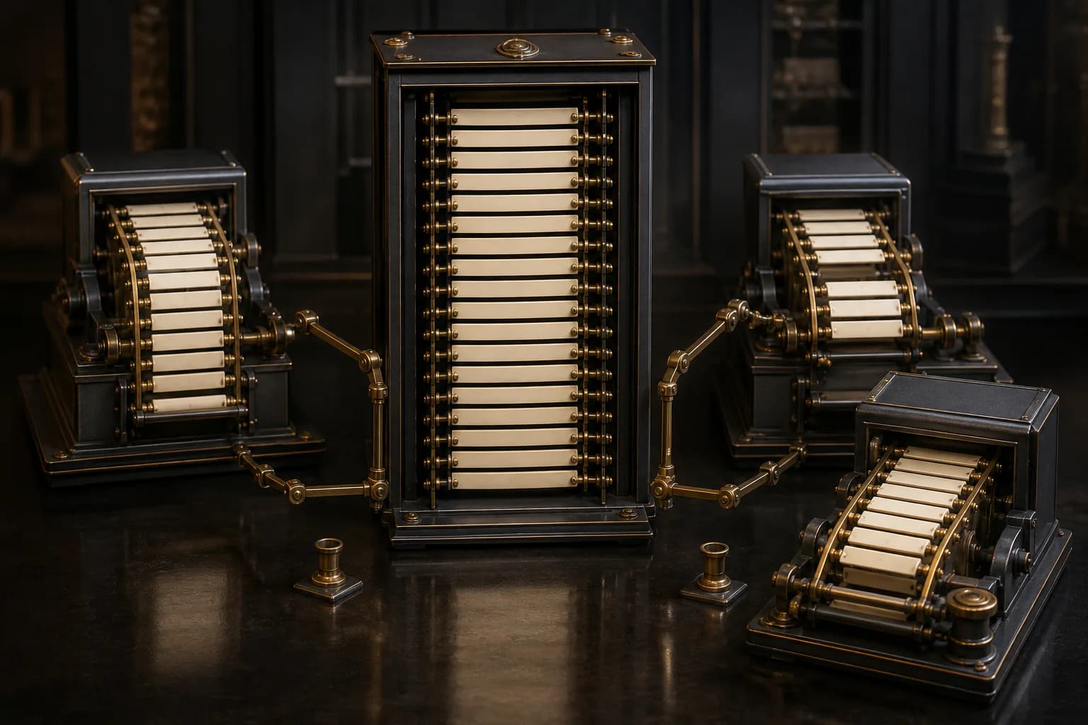 Three mechanical copies diverge from a tall authoritative registry while their comparison arms sit disconnected.