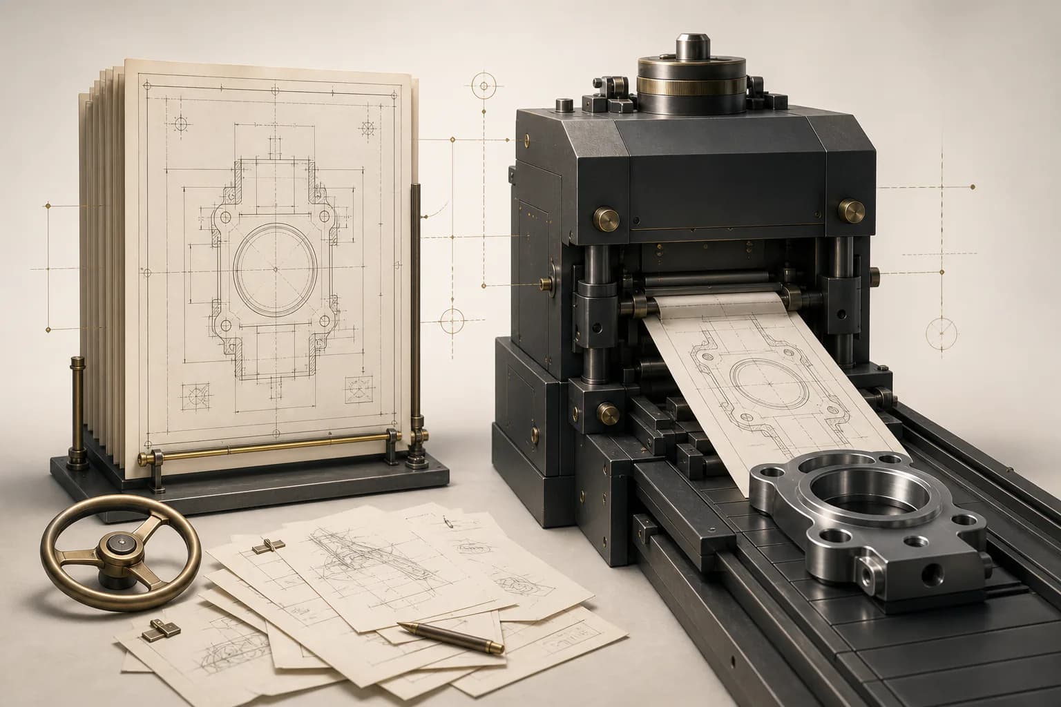 A detailed technical specification feeds a calibrated machine that produces a finished metal component in one pass.