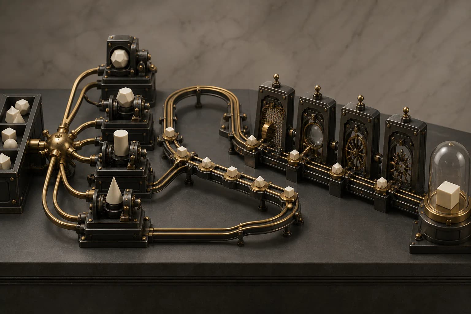 Different work pieces loop through specialized machines and four independent gates before reaching one finished product.