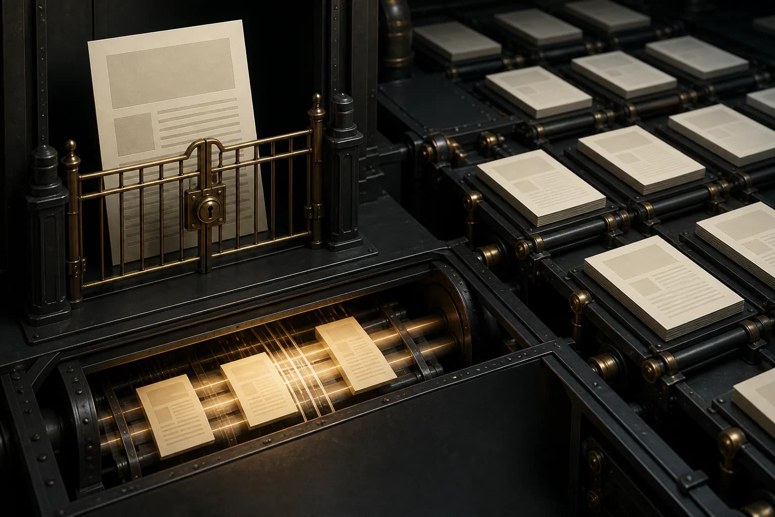 A document remains behind a locked publishing gate while copies escape through a hidden channel below it.