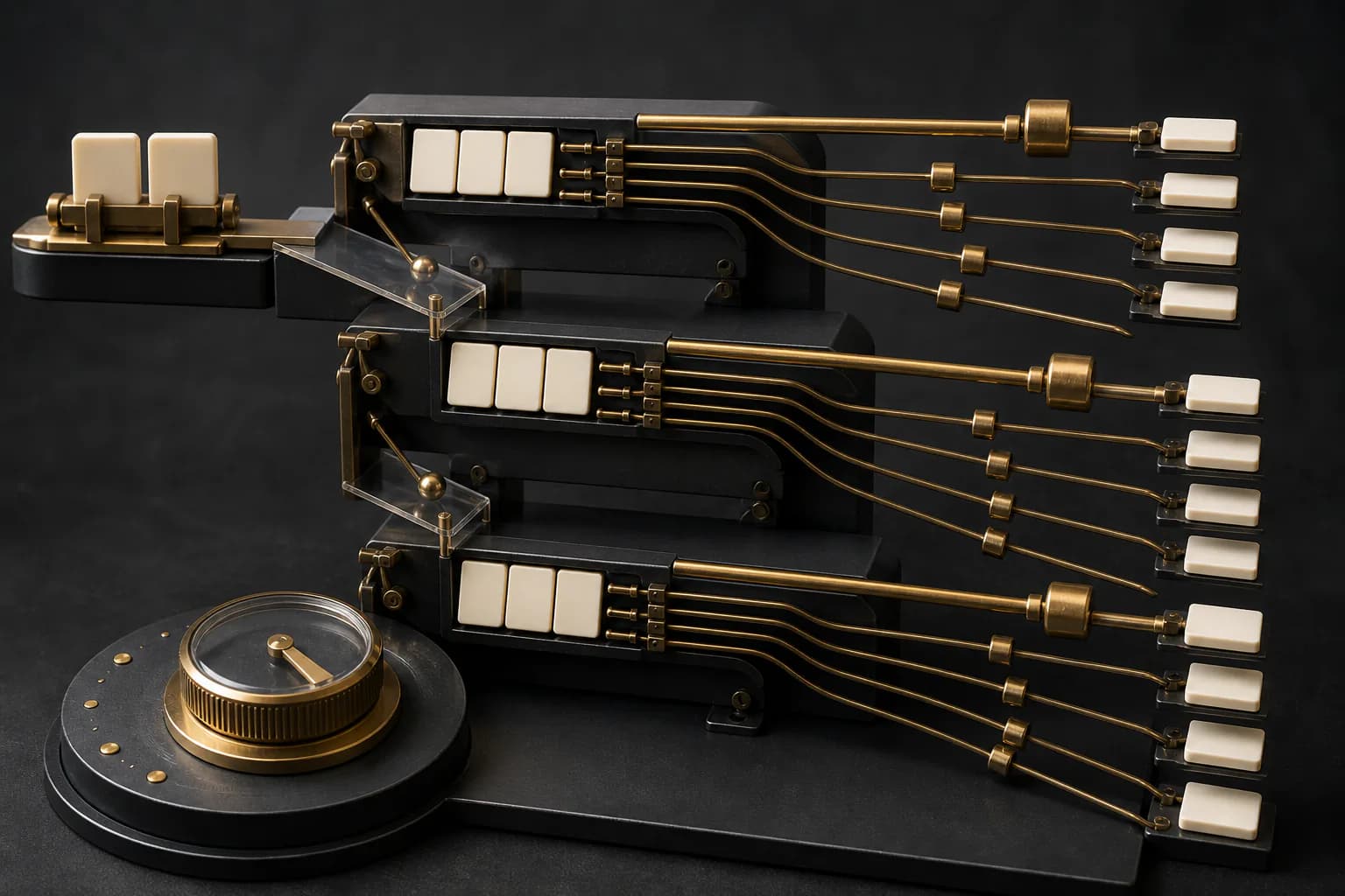 A three-tier mechanical model fans blank token tiles into weighted candidate paths controlled by a brass dial.