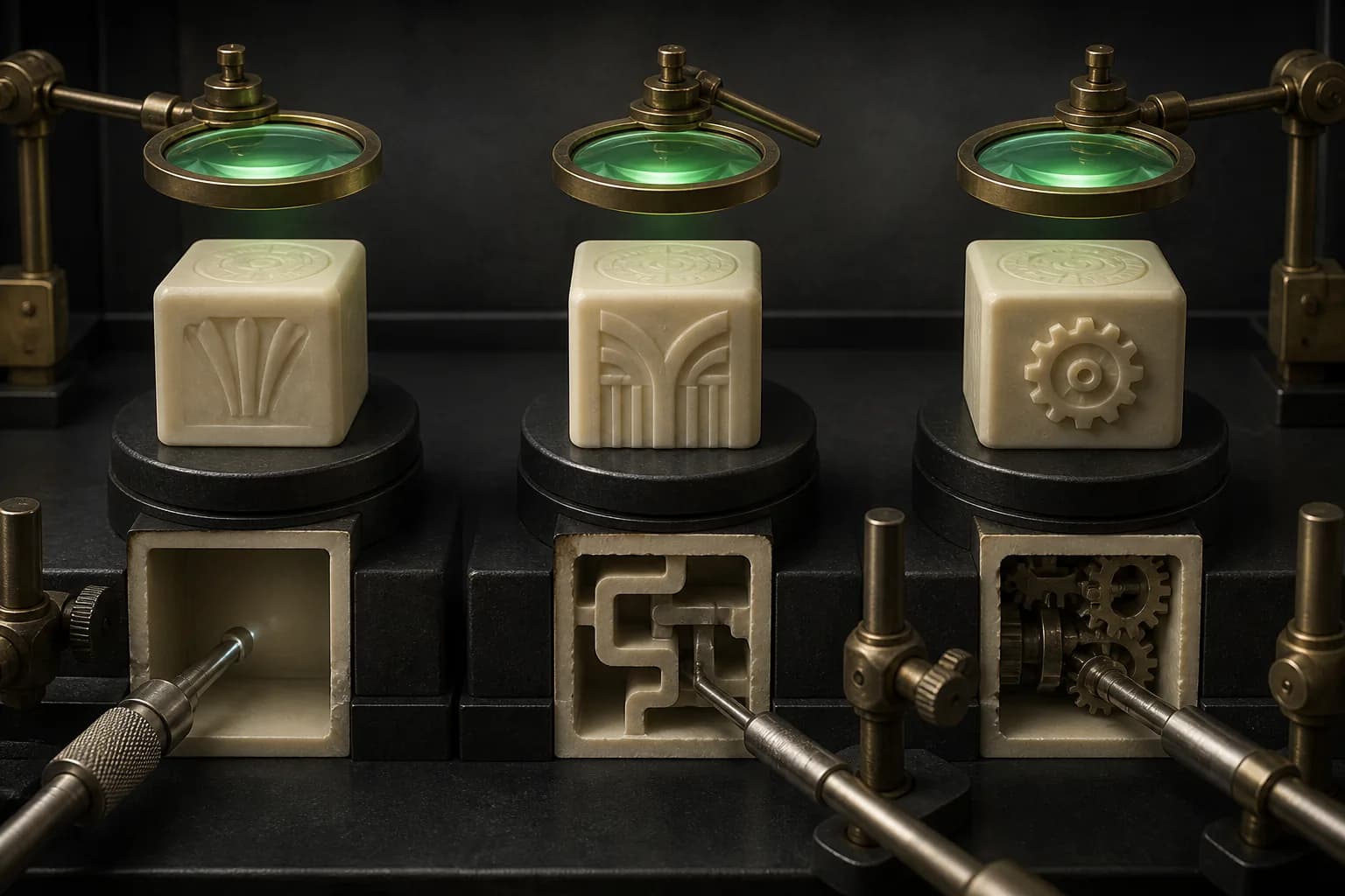 Three artifacts glow green above while probes reveal an empty interior, a broken path, and mismatched gears below.