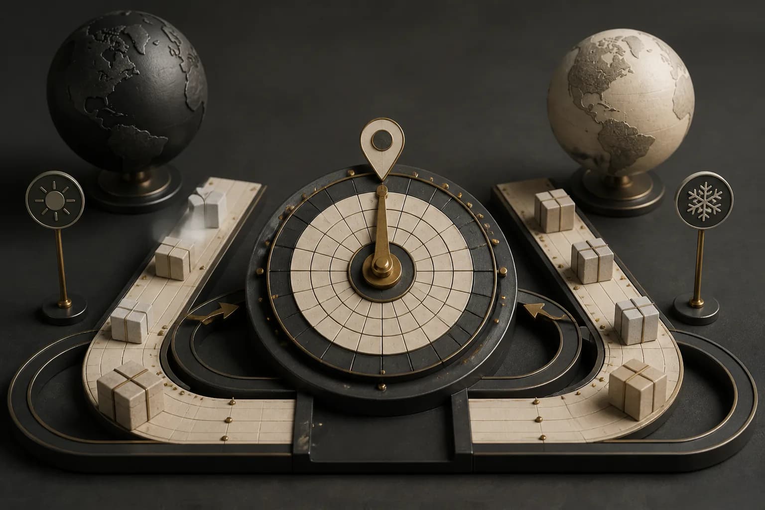 A mechanical calendar routes gift parcels along different seasonal paths for two regions.