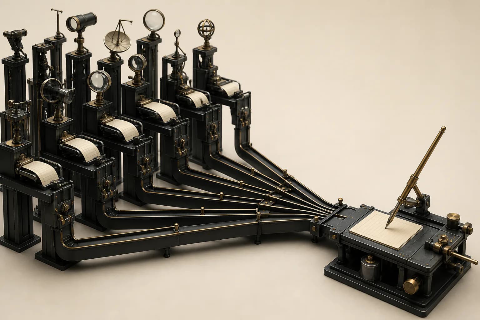 Many parallel observation stations converge on a single writing table and one shared artifact.