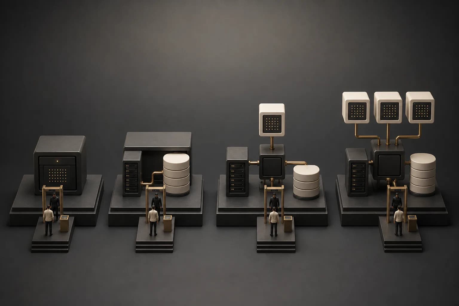 Four infrastructure stages grow from one compact machine into separated application tiers.