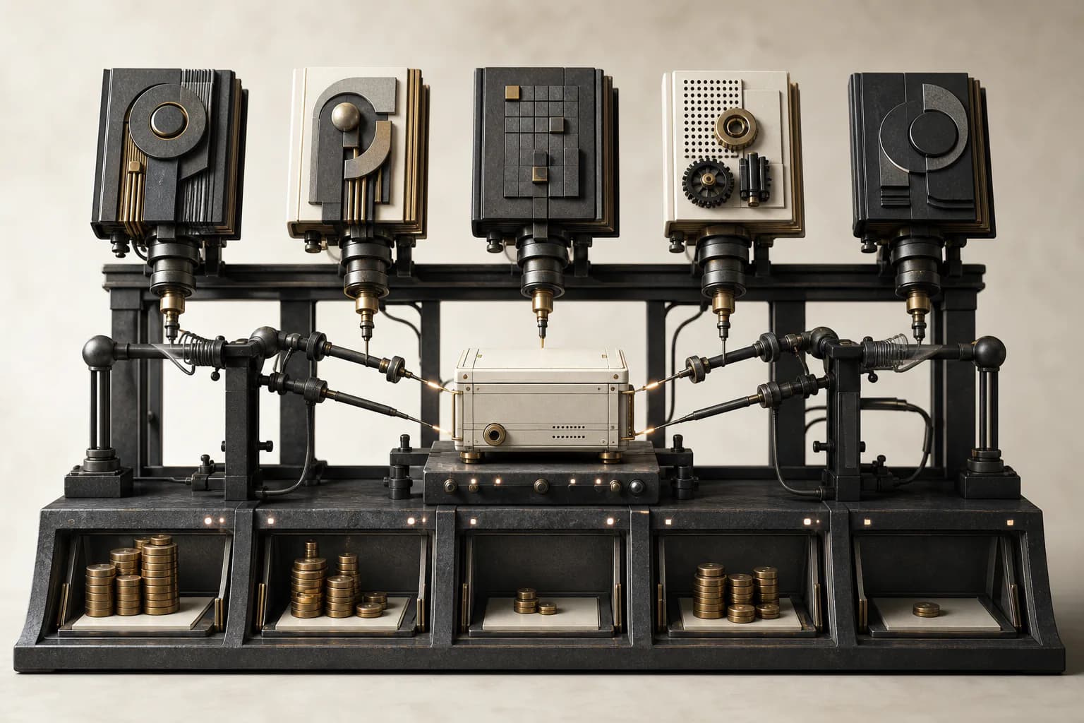 Five distinct advice modules probe one finished product while different implementation costs collect beneath them.