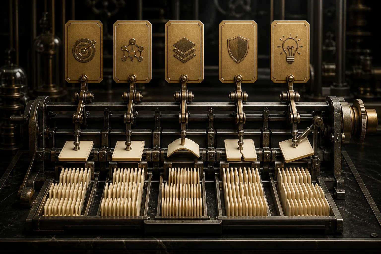 Five brass rule plates press against a large field of ivory evidence samples with visibly mixed outcomes.