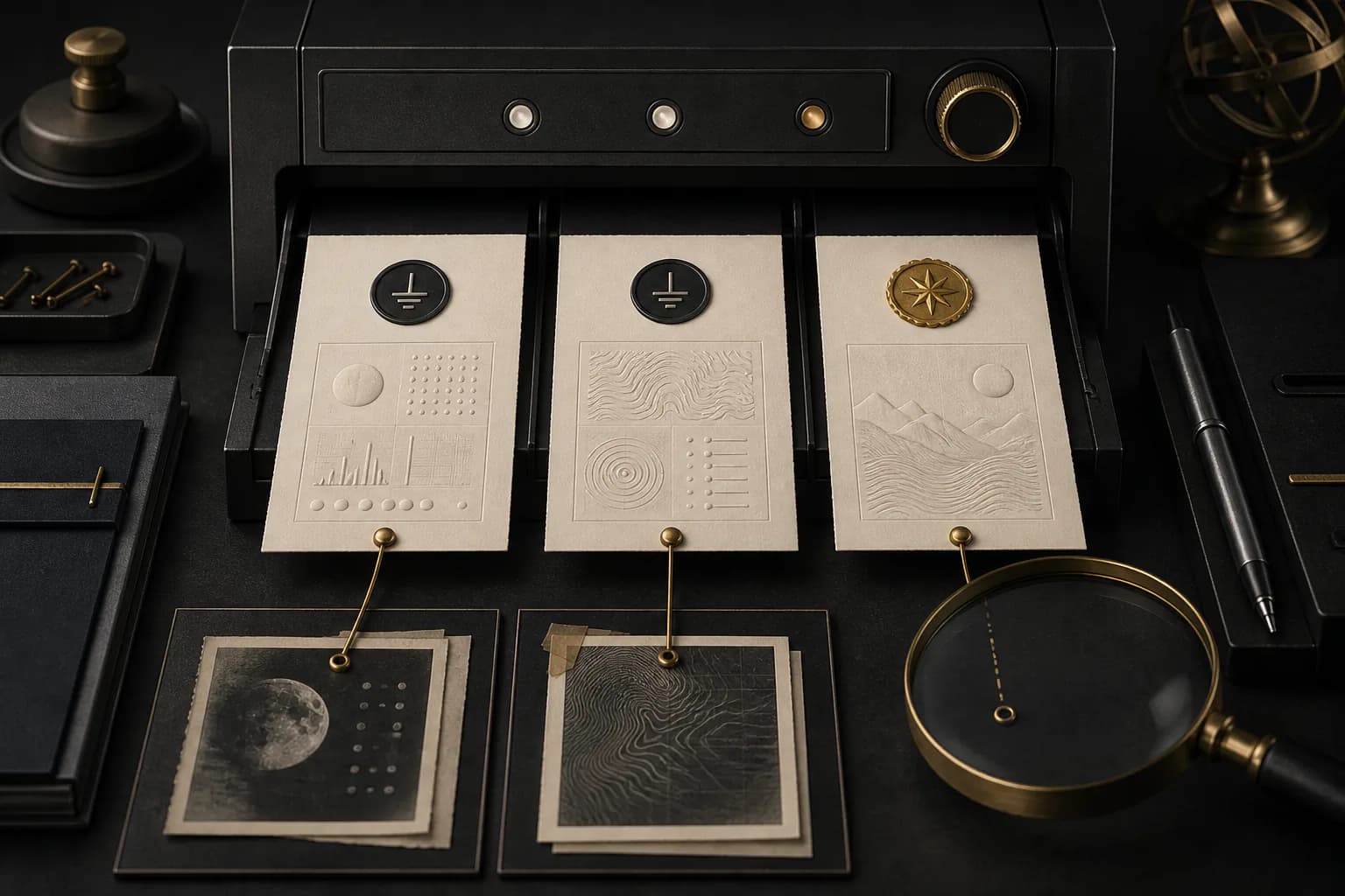 Three review cards leave a machine; two connect to evidence while the third connection ends under a magnifying glass.