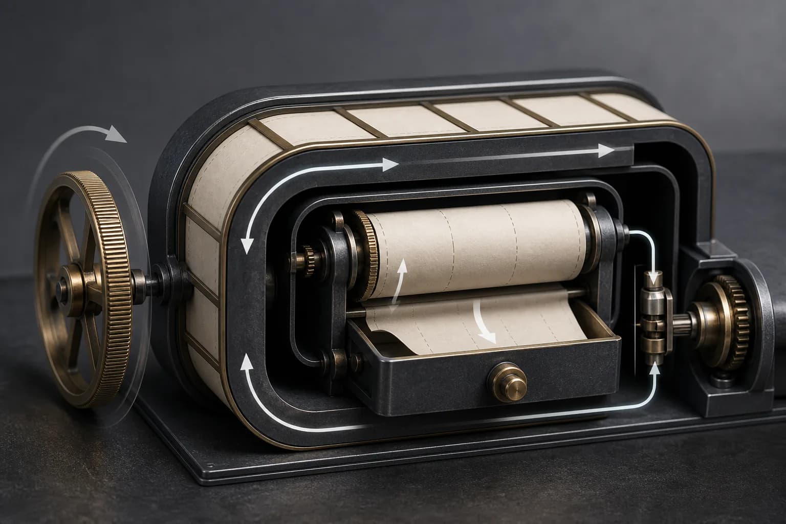 A large outer scrolling belt captures a wheel while a bypass clutch routes motion into a smaller inner paper roll.