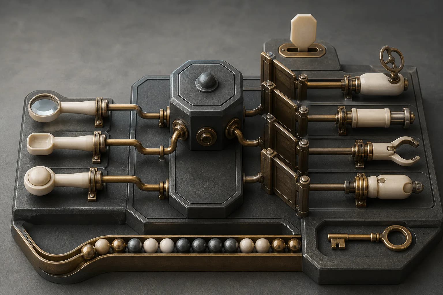 Read-only instruments pass through a central tool gateway while actuator tools stop at separate brass gates.