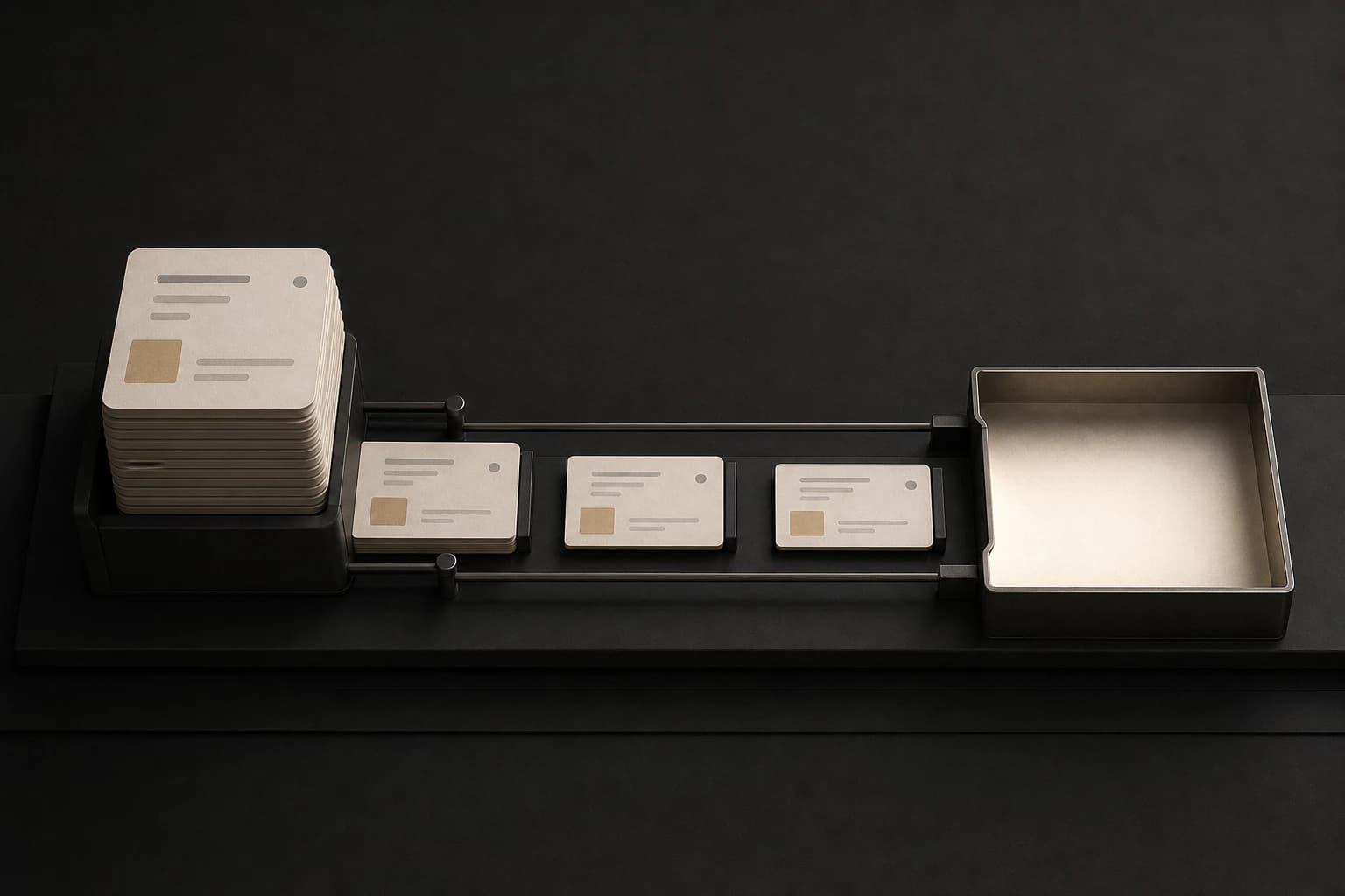 Task cards move from a full stack toward a completely empty final tray.