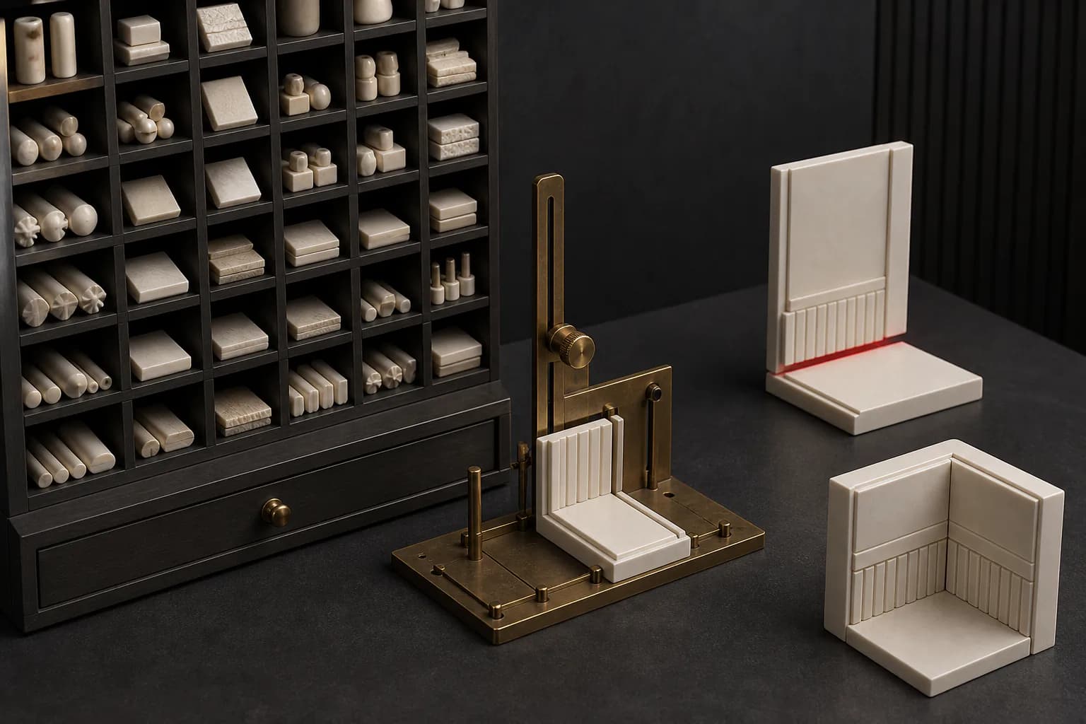 A cabinet of component pieces stands beside a brass jig that constrains them into one valid assembly.