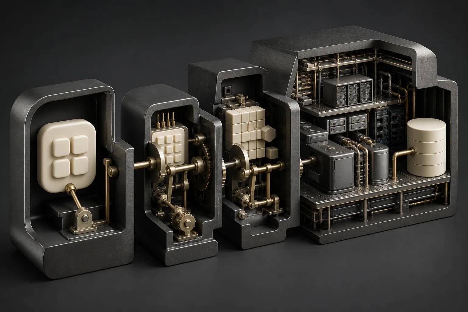 Nested cutaway machines translate one application control into provider machinery, resources, and state.